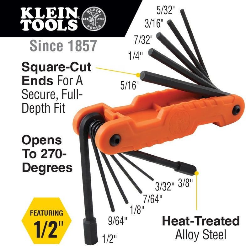 Klein Tools 70550 Hex Wrench Key Set, 11 SAE Sizes, Heavy Duty Folding Allen Wrench Tool with Extra Long Hex Keys - Image 2