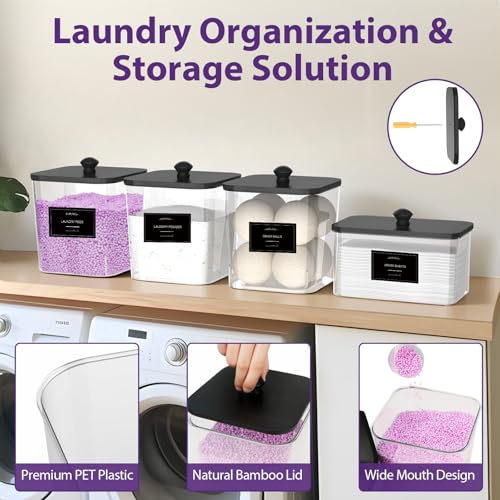 COAZEX 3+1 Pack Clear Laundry Pods Container & Dryer Sheet Holder, Plastic Square Laundry Room Organization and Storage Jars with Black Lids, Scoops & Labels for Detergent, Powder, Dryer Balls - Image 4