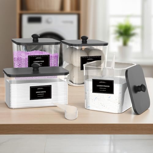 COAZEX 3+1 Pack Clear Laundry Pods Container & Dryer Sheet Holder, Plastic Square Laundry Room Organization and Storage Jars with Black Lids, Scoops & Labels for Detergent, Powder, Dryer Balls - Image 5