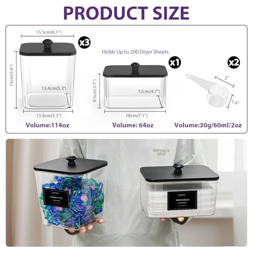 COAZEX 3+1 Pack Clear Laundry Pods Container & Dryer Sheet Holder, Plastic Square Laundry Room Organization and Storage Jars with Black Lids, Scoops & Labels for Detergent, Powder, Dryer Balls - Image 2