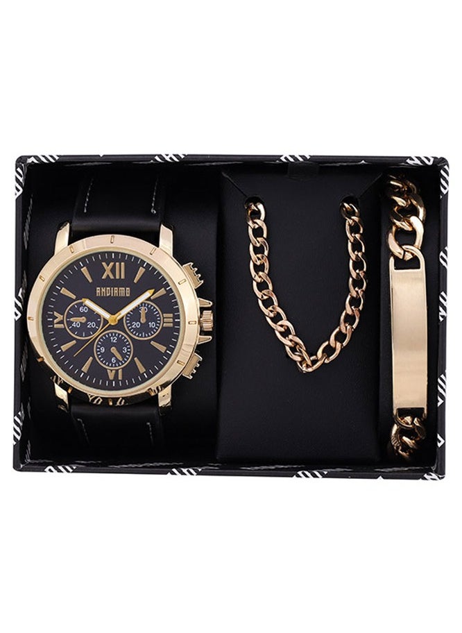 ANDIAMO Men's Analog Gold Case Black Leather Strap Set Watch 