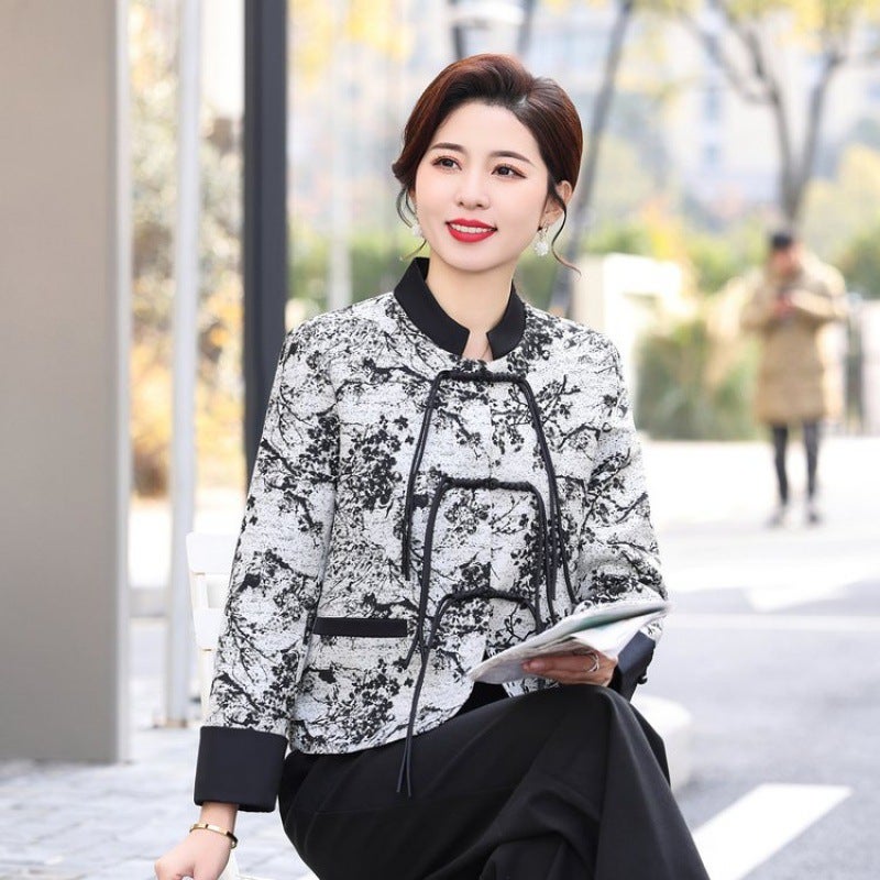 Moms spring clothing elegant buckle coat new Chinese style Chinese style ink painting Tang suit small womens spring and autumn jacket top Ink painting