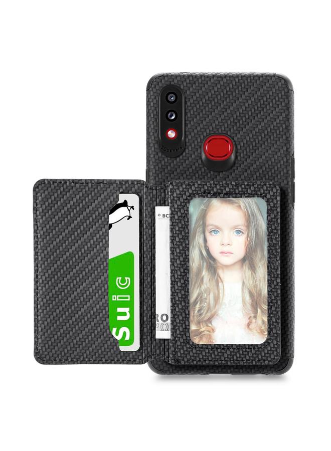 The Bros Case For Samsung Galaxy A10S Carbon Fiber Magnetic Card Bag TPU+PU Shockproof Back Cover Case with Holder & Card Slot & Photo Frame 