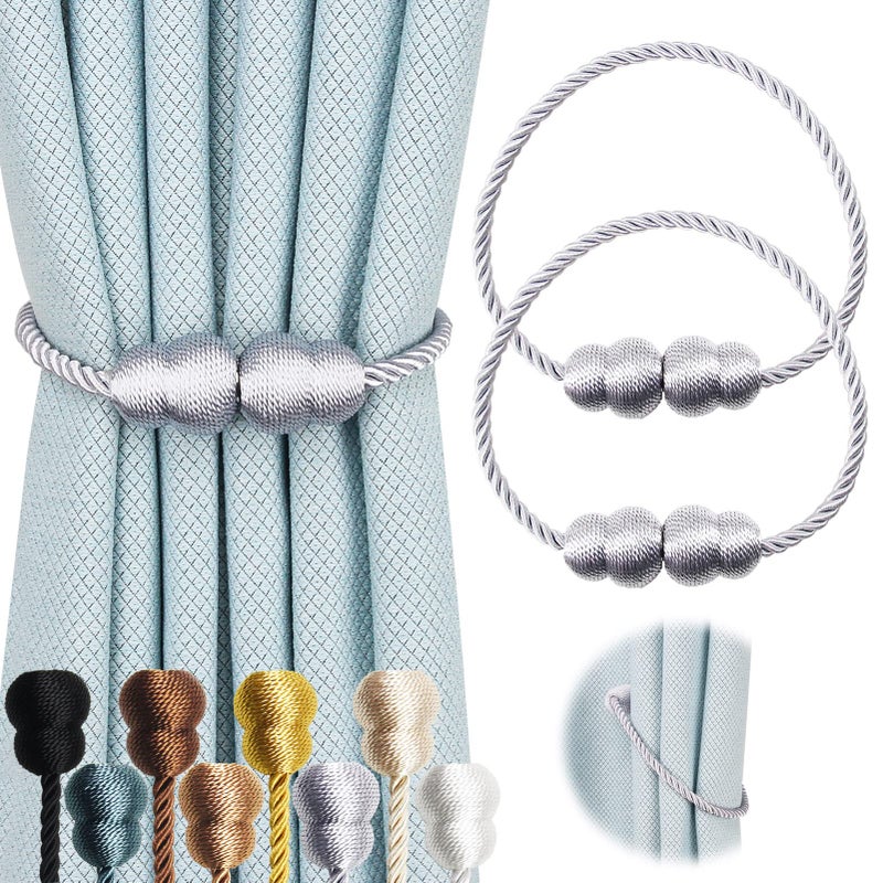 Hangtty Magnetic Curtain Tiebacks 2 Pack Rope Decorative Curtain Tie Backs Elegant Curtain Holders for Drapes Outdoor Window Treatment Holdbacks Grey