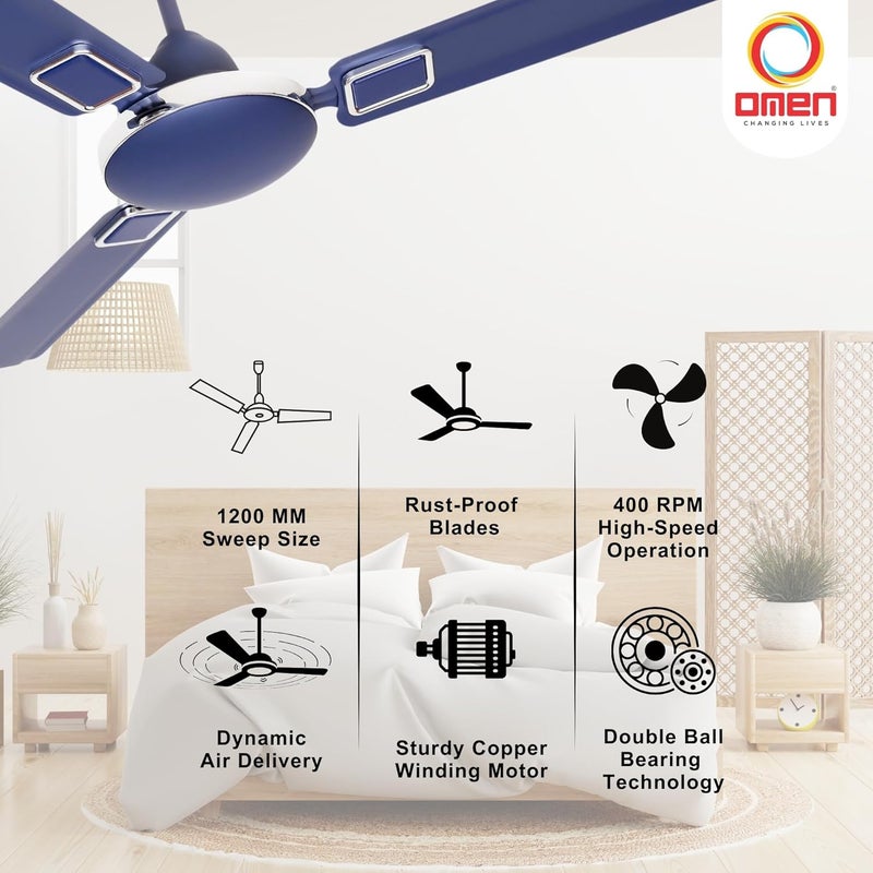 Omen Changing Lives Omen Changing Lives Vayu 1200mm Ceiling Fan Permium Ceiling Fan BEE Star Rated 2 Year Warranty Silver Blue  - Image 2