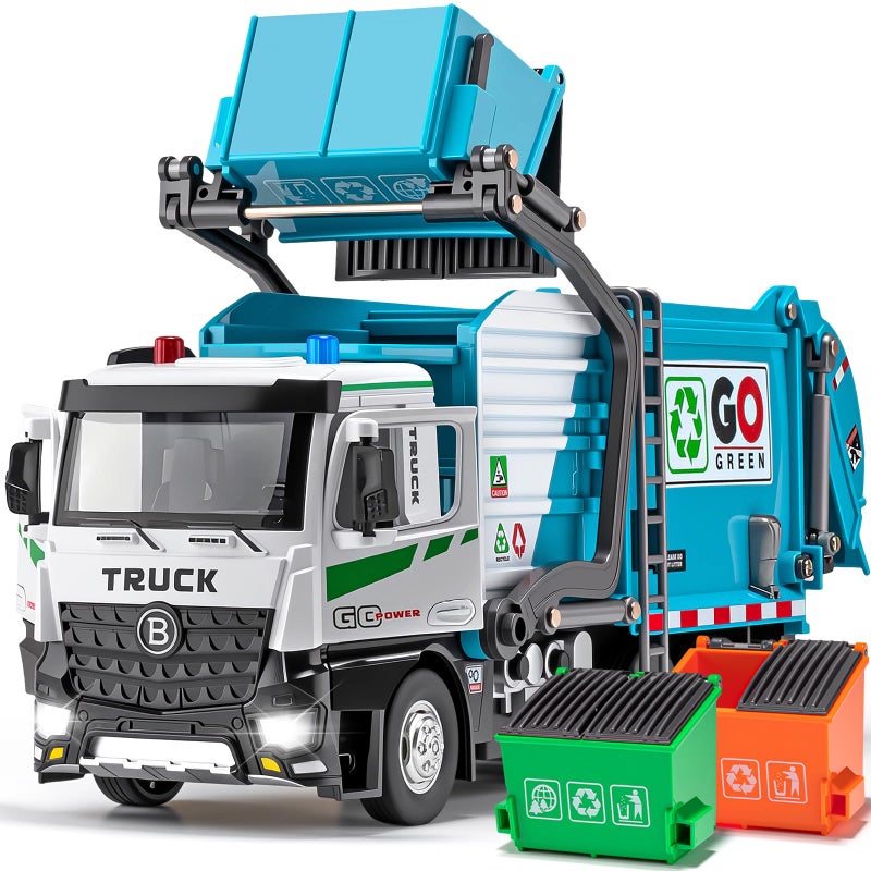 HAPYAD AUTOLift Function Garbage Truck Toys Metal Cab Trash Truck Toy Set with Lights and Sounds Includes 3 Dumpsters Birthday Gift for Kids Boys Toddlers Blue - Image 3