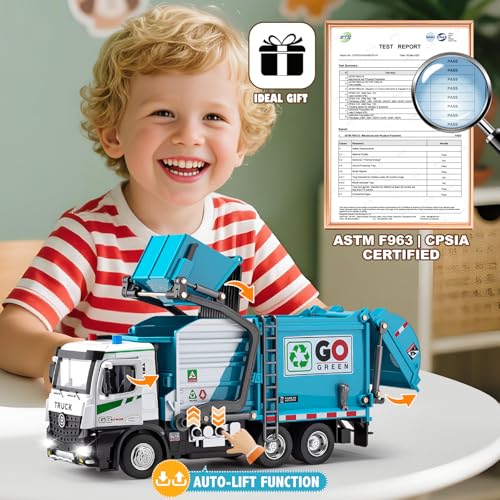 HAPYAD AUTOLift Function Garbage Truck Toys Metal Cab Trash Truck Toy Set with Lights and Sounds Includes 3 Dumpsters Birthday Gift for Kids Boys Toddlers Blue - Image 5