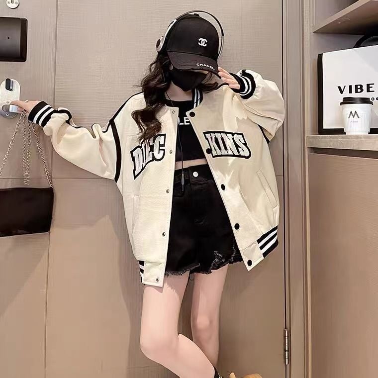 Girls Trendy Korean Baseball Jacket Spring 2024 Khaki [no delivery]] 