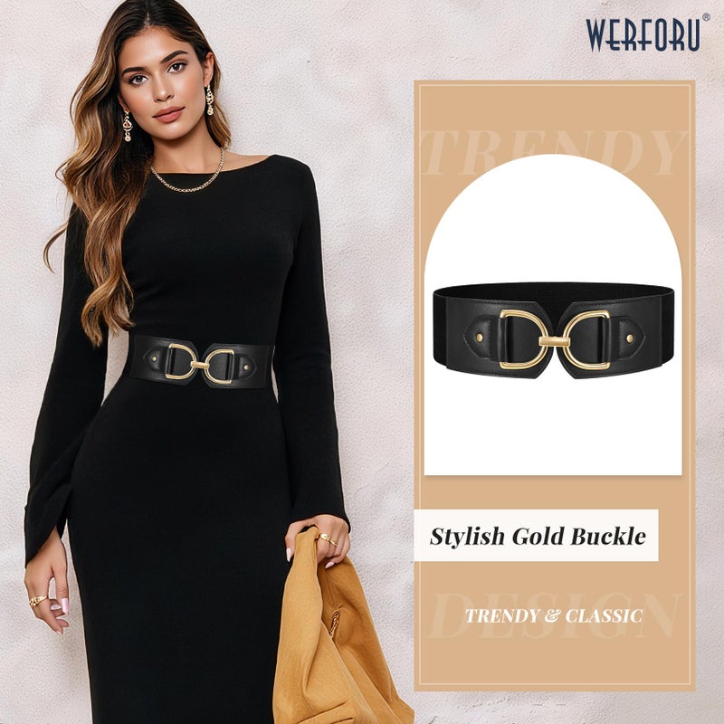 WERFORU Women Elastic Wide Waist Belts for Dresses Fashion Wide Stretchy Belts for Women Big Gold Buckle Thick Dress Belt, A-Black-gold buckle, M: Fit Waist Size 32"-35" - Image 2