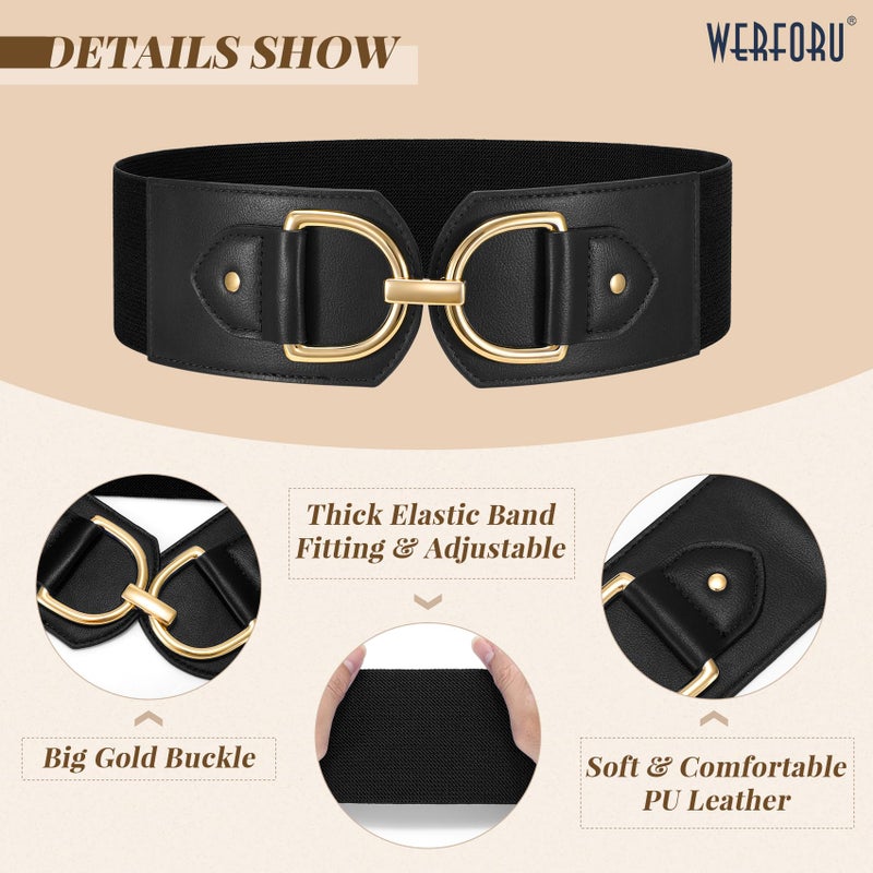 WERFORU Women Elastic Wide Waist Belts for Dresses Fashion Wide Stretchy Belts for Women Big Gold Buckle Thick Dress Belt, A-Black-gold buckle, M: Fit Waist Size 32"-35" - Image 4