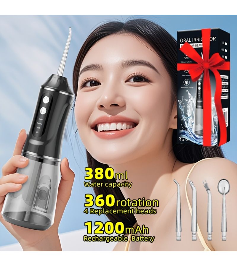 Oral Irrigator Portable Electric Water Flosser With Multi Function Replacement Nozzles Detachable Tank USB Charging Long Battery Life Black - Image 1