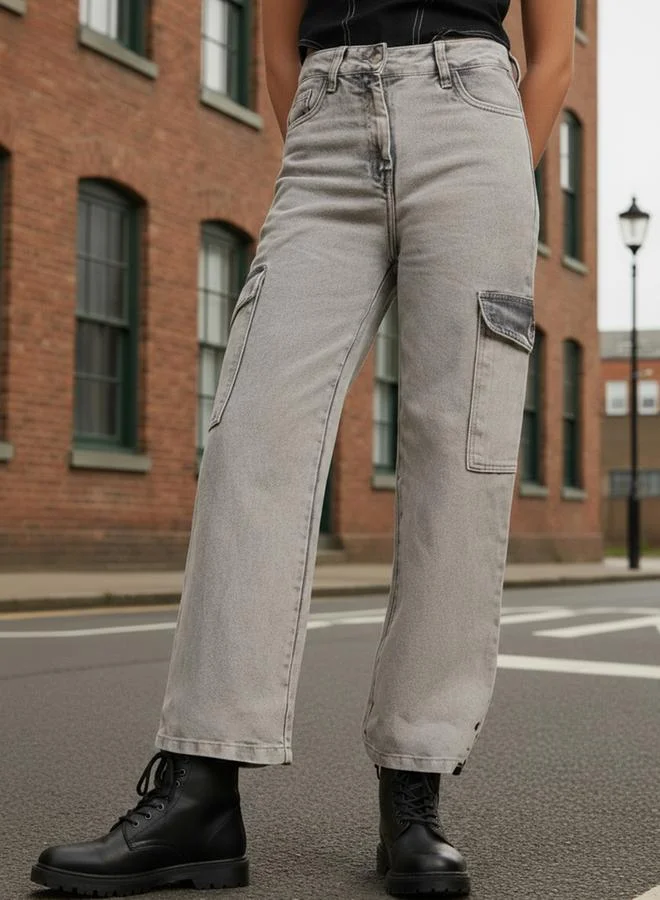 Grey Mid Rise Flared Jeans