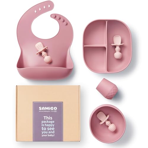 SAMiGO Silicone Baby Feeding Set Baby Led Weaning Supplies Suction Bowl Plate Bib Cup Self Feeding Spoons Solid Food Eating Essentials First Stage Utensils 6 Months