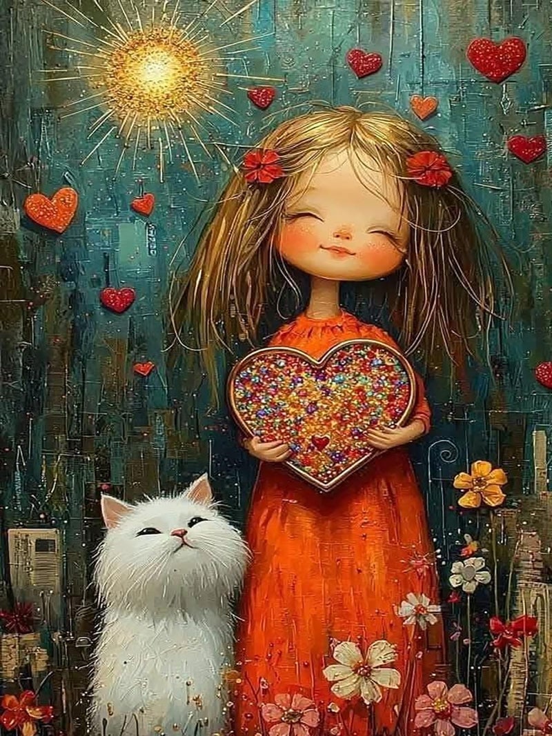 Mosaflare 5D Diamond Painting Kits for Adults, Woman and Cat Diamond Art for Beginners, DIY Full Round Drill Paint by Diamonds Dot Gem Art for Adults, Home Wall Decor 12x16 Inch - Image 1