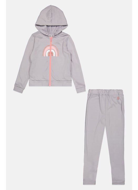 Kids Girl 2 Pcs Graphic Print Hoodie And Sweatpant Set, Grey