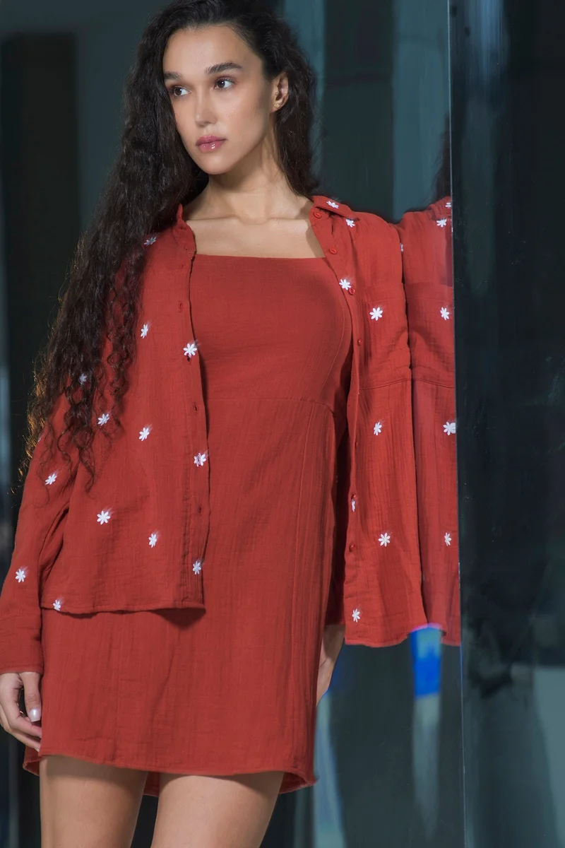 فيرجيو Cotton Embroidery Detail Oversized Brunchwear Shirts for Women
