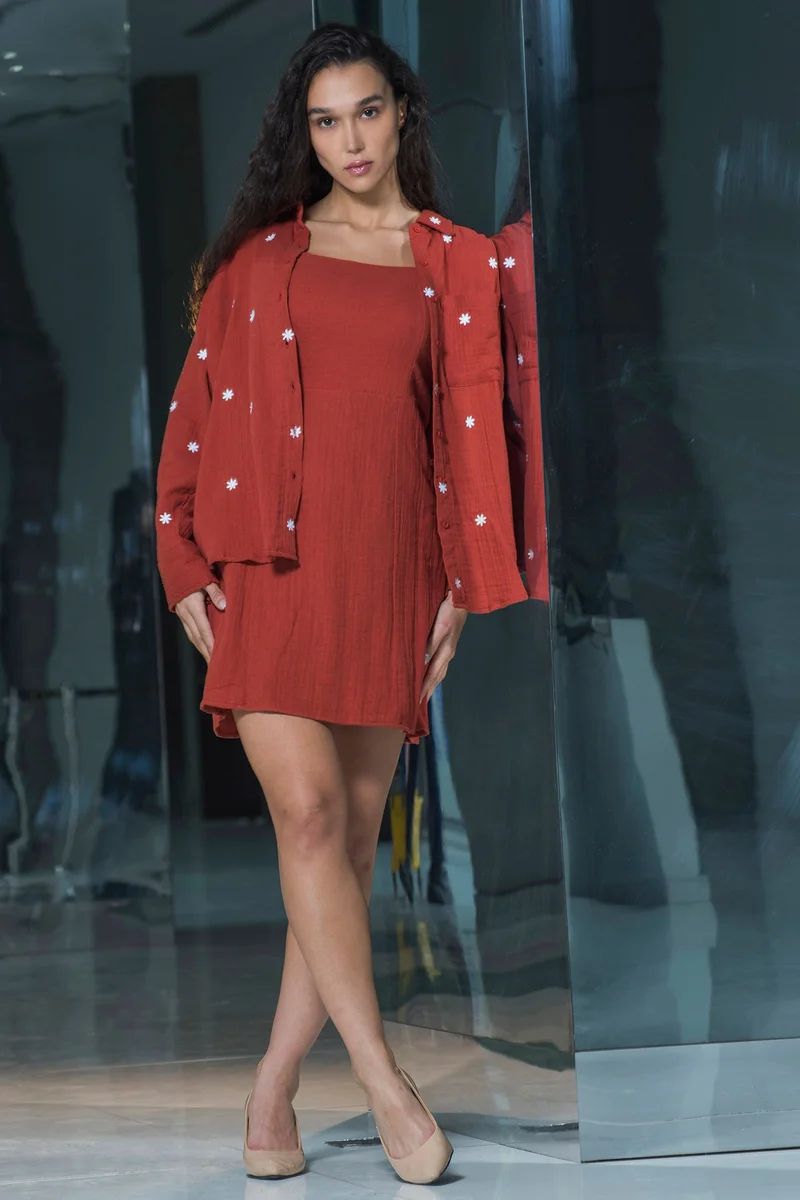 فيرجيو Cotton Embroidery Detail Oversized Brunchwear Shirts for Women