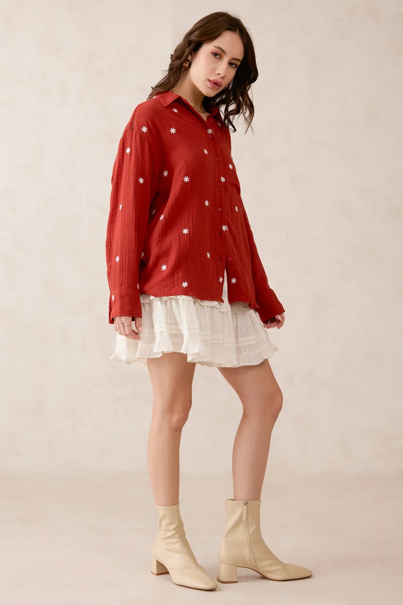 Virgio Cotton Embroidery Detail Oversized Brunchwear Shirts for Women