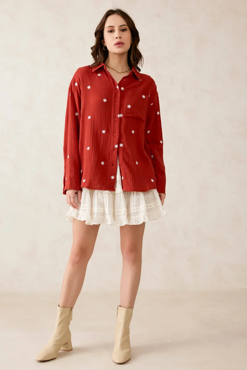 Virgio Cotton Embroidery Detail Oversized Brunchwear Shirts for Women