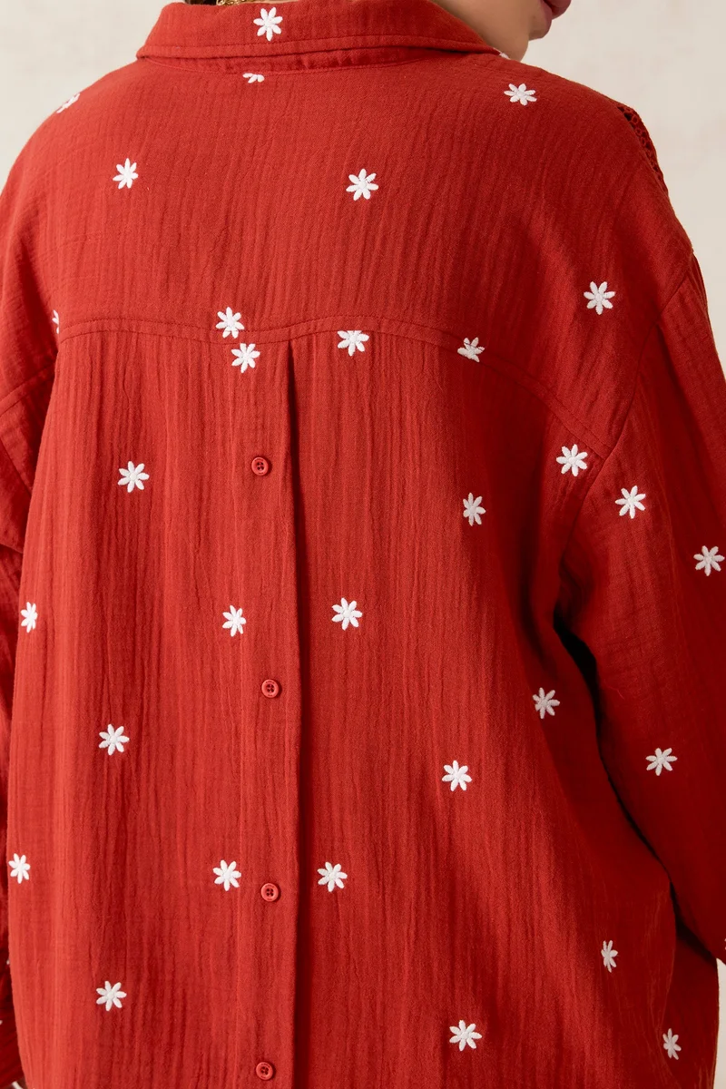 Virgio Cotton Embroidery Detail Oversized Brunchwear Shirts for Women