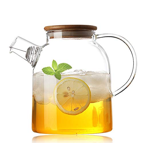 ZEYFLEEB Glass Teapot with Infuser Clear Glass Tea Kettle with Removable Stainless Steel Strainer Stovetop Safe Glass Teapot for Blooming and Loose Leaf Tea Wooden LID 1800ML - Image 1