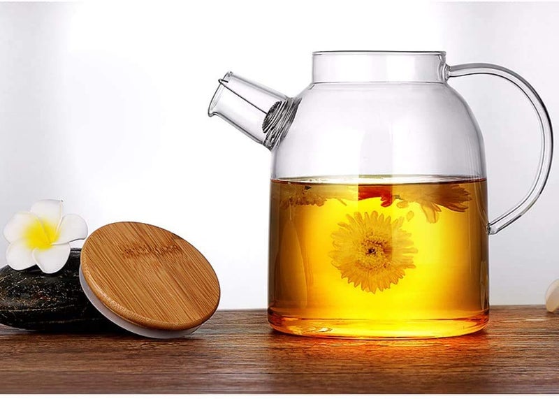 ZEYFLEEB Glass Teapot with Infuser Clear Glass Tea Kettle with Removable Stainless Steel Strainer Stovetop Safe Glass Teapot for Blooming and Loose Leaf Tea Wooden LID 1800ML - Image 2