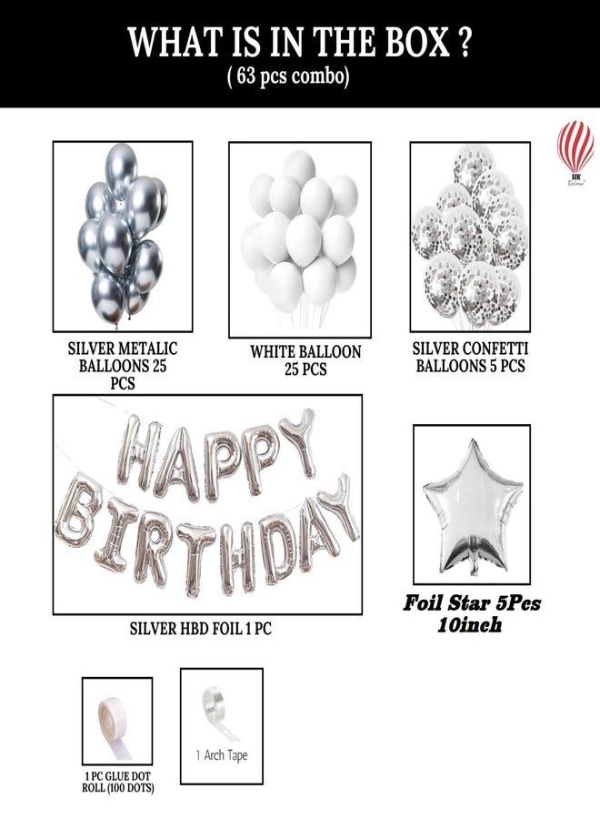 HK Balloons 63Pcs Silver Them Birthday Party Background Decoration Item For Girls Boys Kids Wife Birthday Decoration Set Kit With Silver Confetti & Star - Image 2