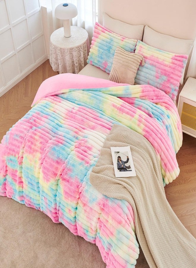 ANGIYUIN 3 Pieces Fluffy Twin Duvet Cover Sets for Girls Faxu Fur Plush Shaggy Kids Bedding Cover Set Tie Dye Pink Fuzzy Comforter Cover Set(Pink Rainbow Tiwn) - Image 1