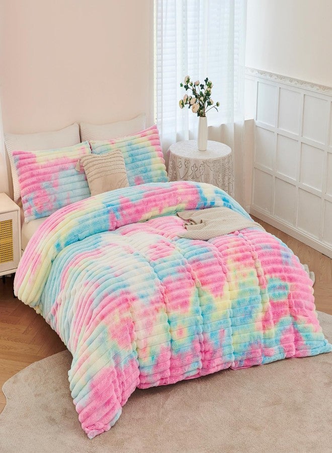 ANGIYUIN 3 Pieces Fluffy Twin Duvet Cover Sets for Girls Faxu Fur Plush Shaggy Kids Bedding Cover Set Tie Dye Pink Fuzzy Comforter Cover Set(Pink Rainbow Tiwn) - Image 4
