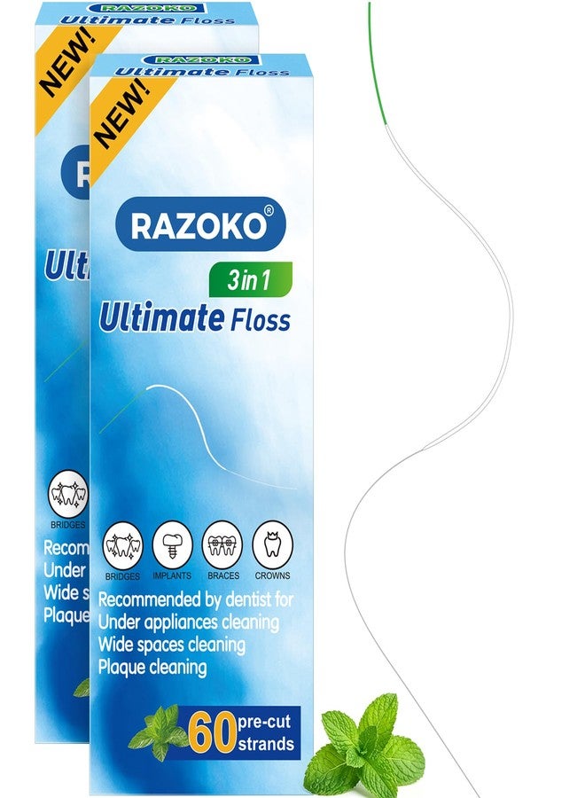RAZOKO 3-in-1 Floss for Braces and Bridges, 120 Pre-Cut Strands, Built-in Threaders, Spongy Expanding, PFAS-Free, ICY Mint, Pack of 2 - Image 1