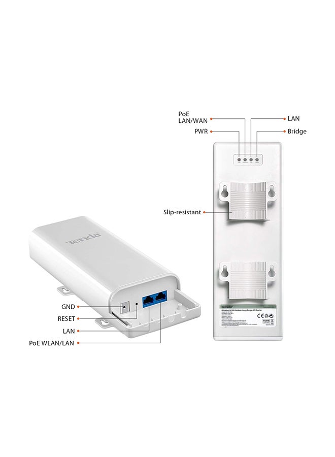 Tenda Outdoor Access Point Wi-Fi 2.4GHz 11N 150Mbps, 2 * 10 / 100Mbps Ethernet Port, Passive PoE, -30 ℃ ~ 60 ℃, IP64 Waterproof Enclosure, 6000V Lightning Protection(O3) White - Image 2