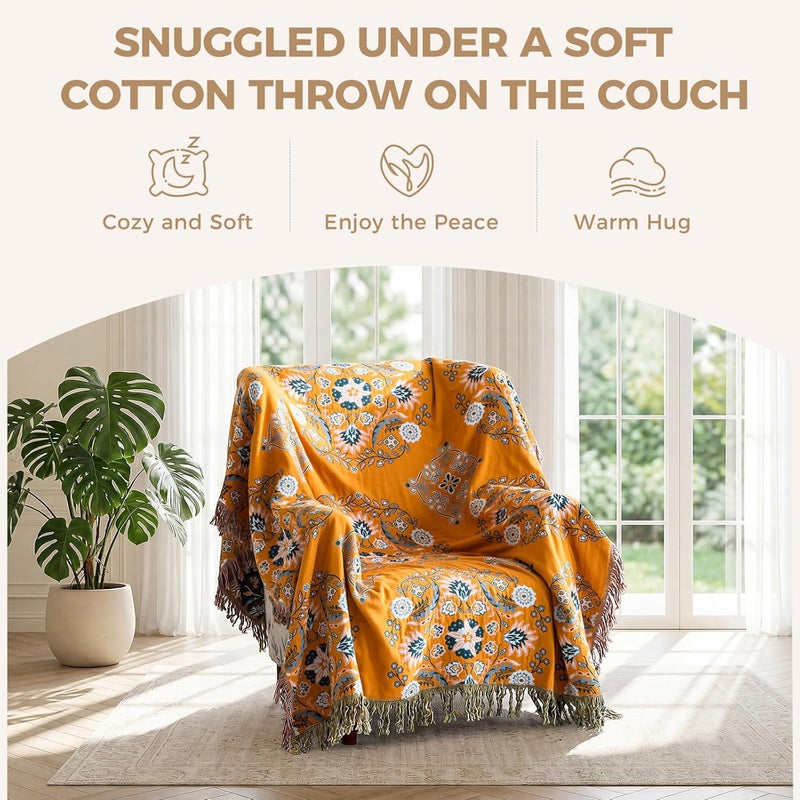 LUTBM Boho Throw Blanket for Bed - 100% Cotton Ultra Soft Rustic Quilt - Floral Printed Farmhouse Decor Bed Summer Blankets,60"×80" All Season Rustic Large Throw for Sofa Couch Chair - Image 4