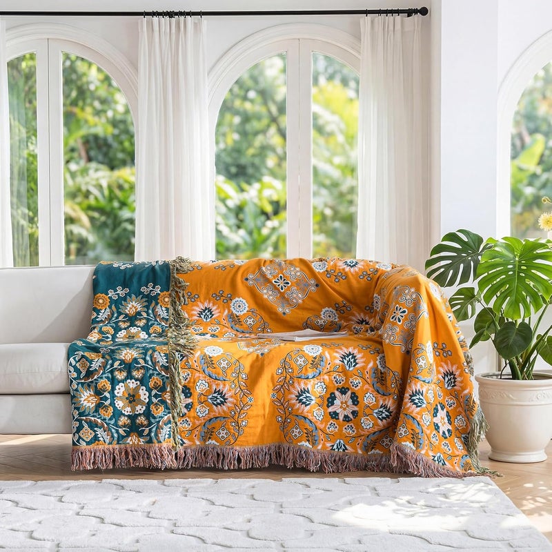 LUTBM Boho Throw Blanket for Bed - 100% Cotton Ultra Soft Rustic Quilt - Floral Printed Farmhouse Decor Bed Summer Blankets,60"×80" All Season Rustic Large Throw for Sofa Couch Chair - Image 5
