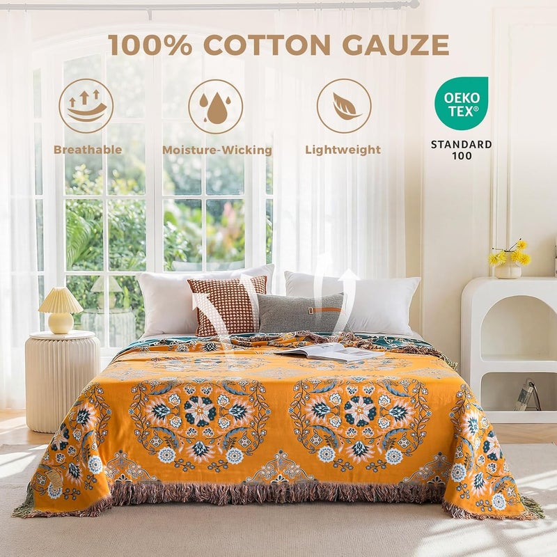 LUTBM Boho Throw Blanket for Bed - 100% Cotton Ultra Soft Rustic Quilt - Floral Printed Farmhouse Decor Bed Summer Blankets,60"×80" All Season Rustic Large Throw for Sofa Couch Chair - Image 2