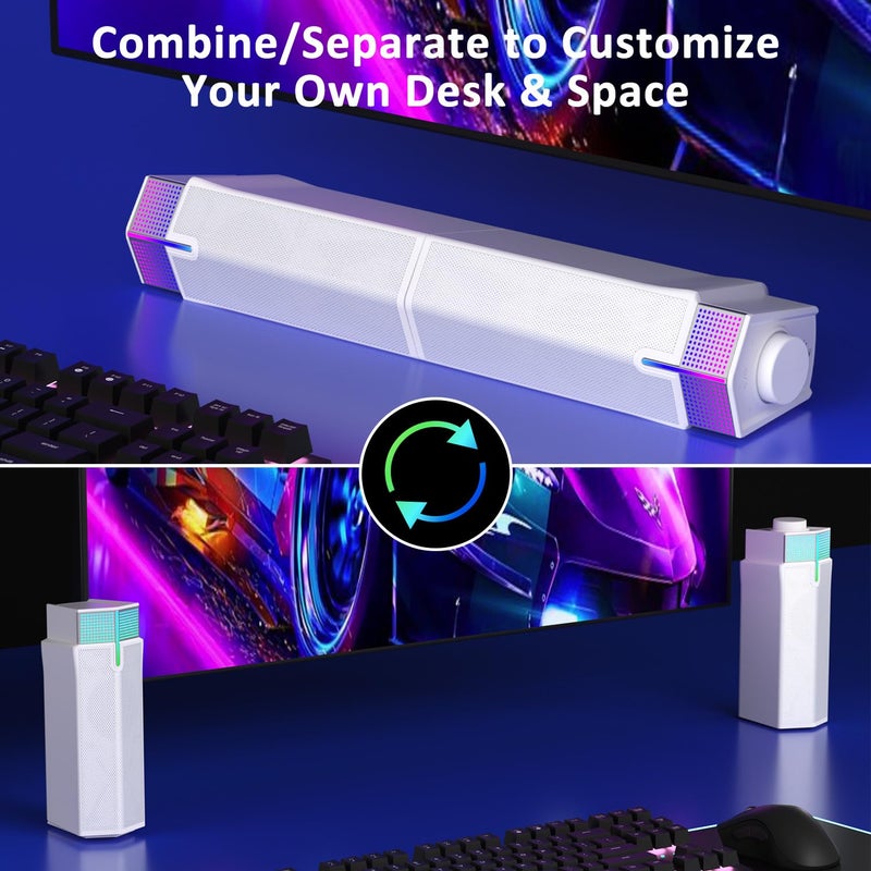 Jeecoo M20 Bluetooth Computer Speakers for PC Desktop Monitor, Gaming PC Sound Bar - Wired USB-Powered, Superb Stereo Sound, with LED Lighting, White - Image 2