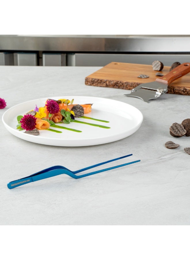 Restaurantware Perfect Point 7.9 Inch Food Tweezers, 1 Offset Kitchen Tweezers - Serrated Tips For Precision, For Garnishing, Plating, Or Decorating, Blue Stainless Steel Offset Tweezers, Durable - Image 4