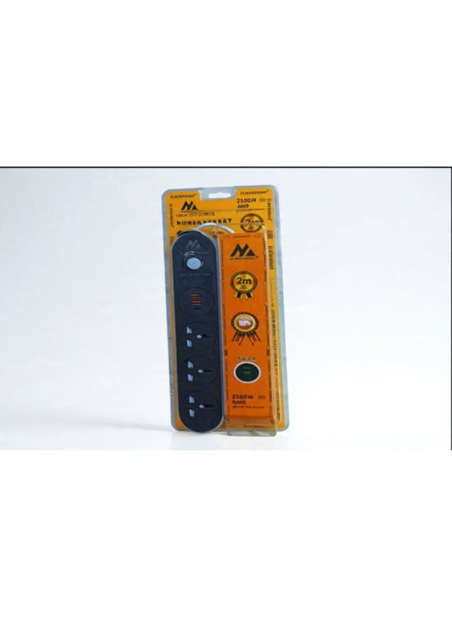 6009 3-Socket Power Strip with 2 USB + Type-C & 2m Vacuum Cable – Multi-Device Charging & Power