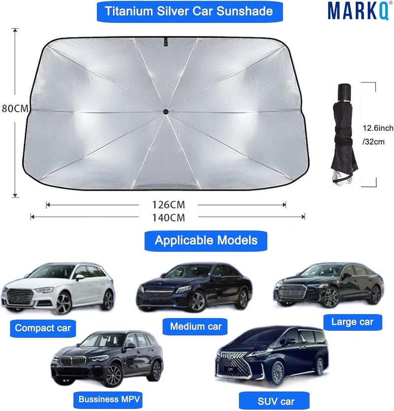 MARKQ Car Windshield Sun Shade Umbrella – Universal Front Window Sun Visor Cover 140×75 cm | UV & Heat Protection Foldable Car Umbrella Shade with Leather Storage Pouch for Sedan, SUV & Truck - Image 3