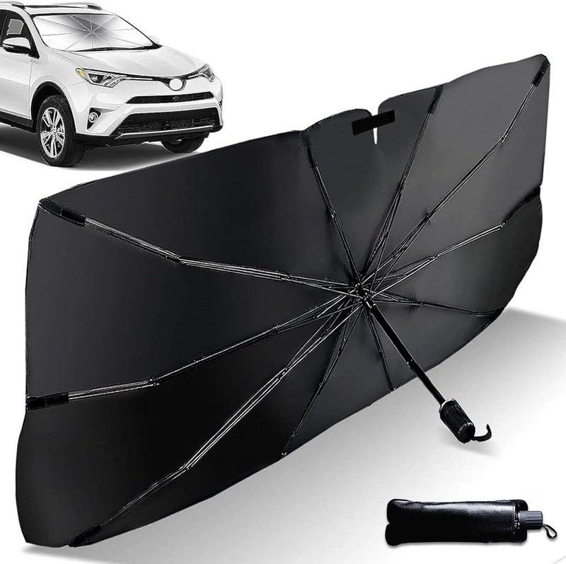 MARKQ Car Windshield Sun Shade Umbrella – Universal Front Window Sun Visor Cover 140×75 cm | UV & Heat Protection Foldable Car Umbrella Shade with Leather Storage Pouch for Sedan, SUV & Truck - Image 1