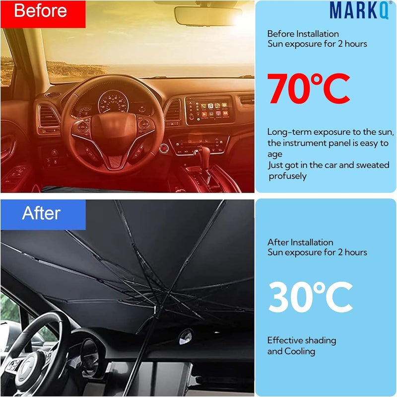 MARKQ Car Windshield Sun Shade Umbrella – Universal Front Window Sun Visor Cover 140×75 cm | UV & Heat Protection Foldable Car Umbrella Shade with Leather Storage Pouch for Sedan, SUV & Truck - Image 5