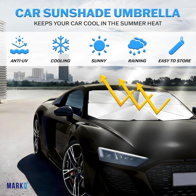 MARKQ Car Windshield Sun Shade Umbrella – Universal Front Window Sun Visor Cover 140×75 cm | UV & Heat Protection Foldable Car Umbrella Shade with Leather Storage Pouch for Sedan, SUV & Truck - Image 2