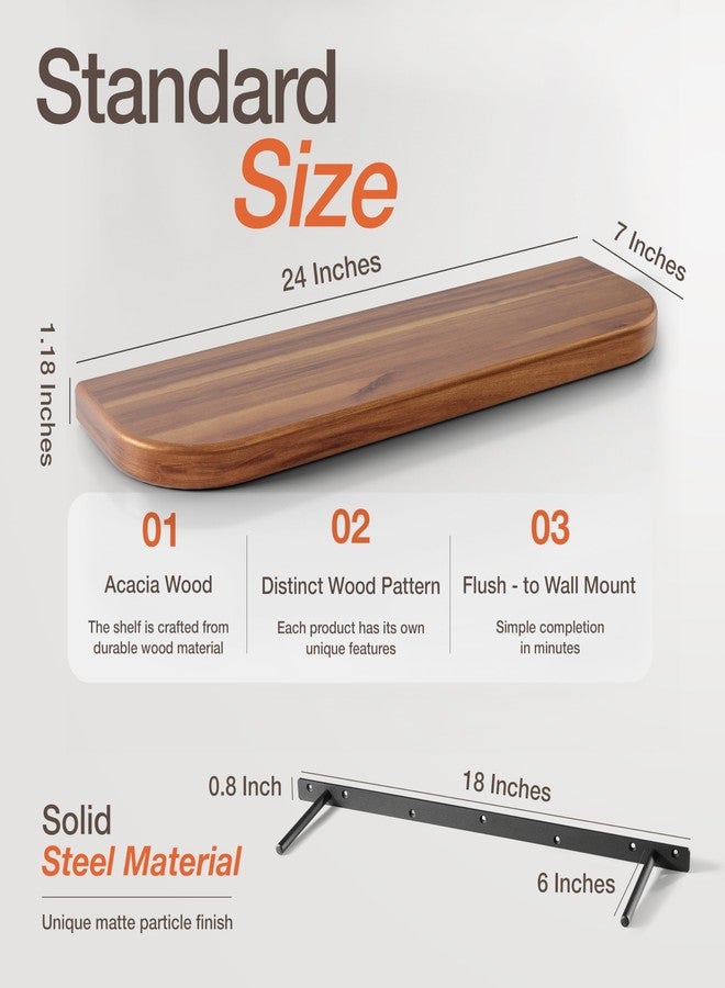BATODA 24" Acacia Wood Floating Shelves Wall Mounted (Round Edge) - Rustic Farmhouse Wooden Wall Storage Shelf for Bedroom, Kitchen - Brackets and Shelving Hardware Included (Acacia, 24 Inch Length) - Image 2