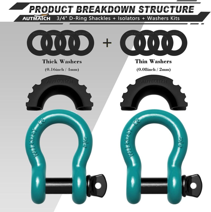 AUTMATCH D Ring Shackle 3/4" Shackles (2 Pack) 41,887Ibs Break Strength with 7/8" Screw Pin and Shackle Isolator Washers Kit for Tow Strap Winch Off Road Vehicle Recovery Teal & Black - Image 2