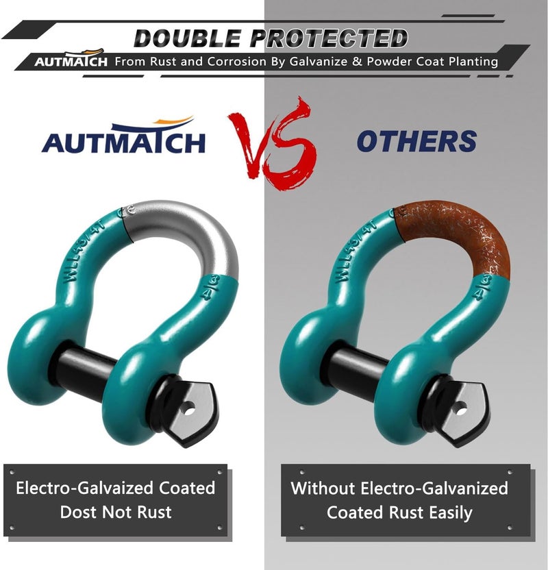 AUTMATCH D Ring Shackle 3/4" Shackles (2 Pack) 41,887Ibs Break Strength with 7/8" Screw Pin and Shackle Isolator Washers Kit for Tow Strap Winch Off Road Vehicle Recovery Teal & Black - Image 5