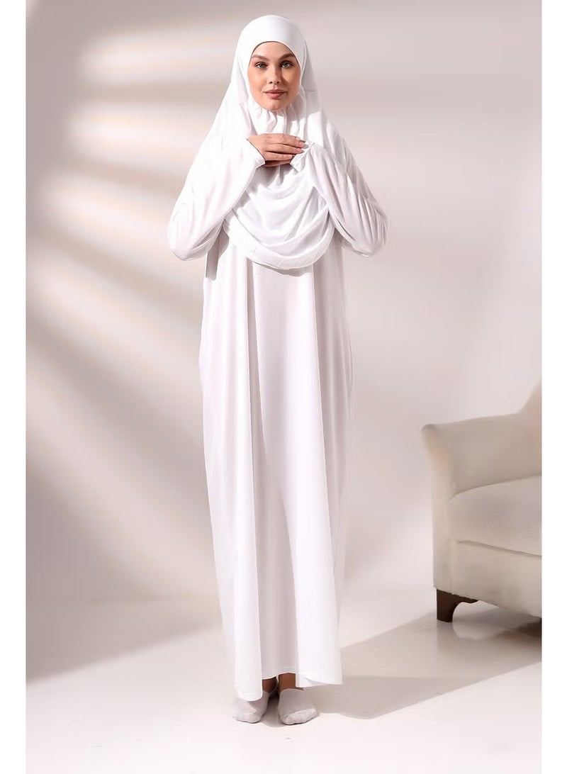 Ihvan White Women's Practical Headscarf One-Piece Prayer Dress with Bag - Image 3
