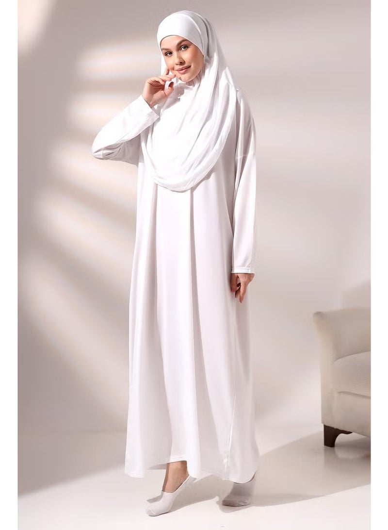 Ihvan White Women's Practical Headscarf One-Piece Prayer Dress with Bag - Image 2