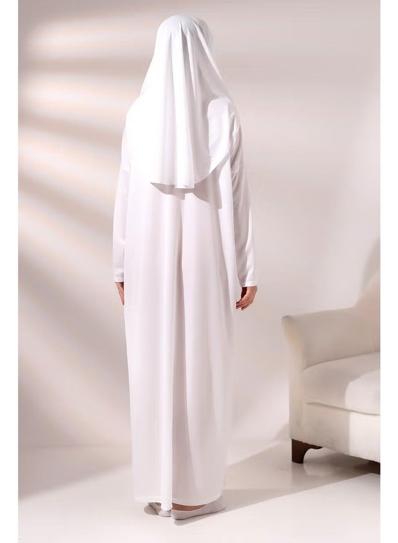 Ihvan White Women's Practical Headscarf One-Piece Prayer Dress with Bag - Image 5