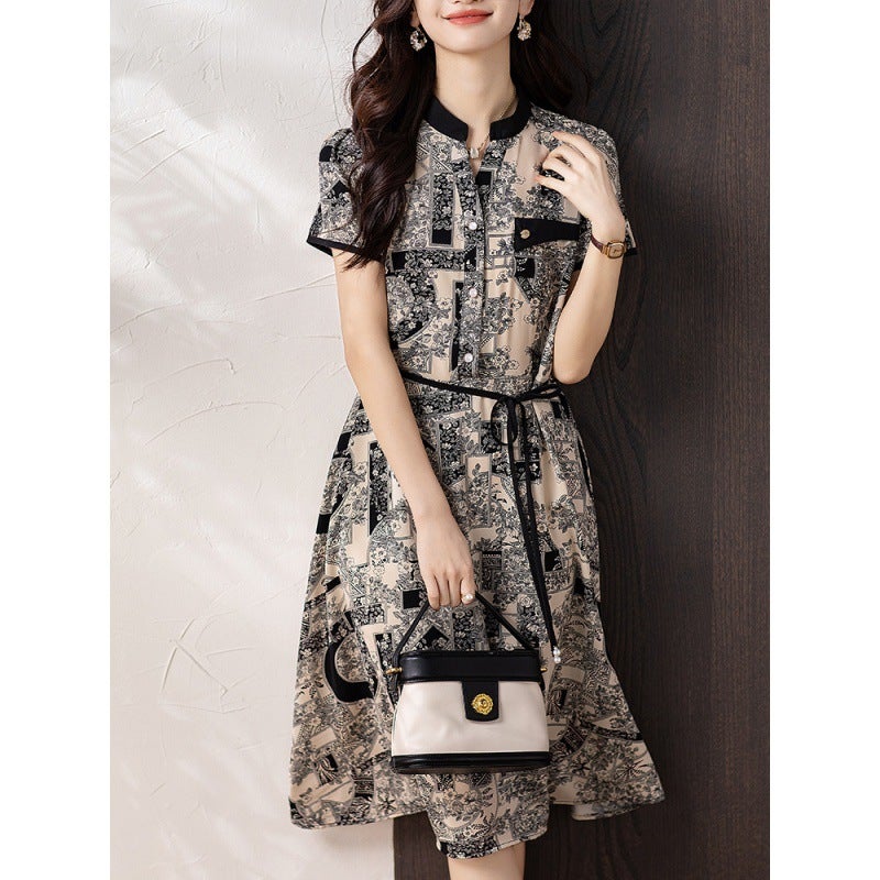 European Station Retro Lace-up Dress Foreign Elegant Summer 2024 New Short-sleeved Classical Printed Shirt Dress for Women Color