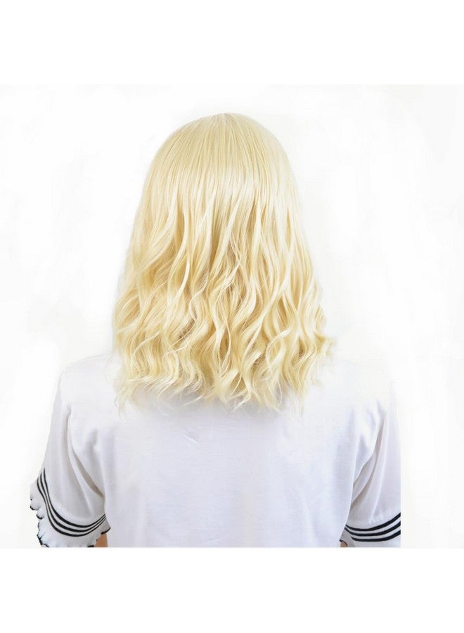 BERON Blonde Wigs 14 Inch/35 cm Women Girls Short Curly Wavy Side Part Hair Wig Light Blond Color Shoulder Costume Cosplay or Daily Used Wigs Rose Net with Wig Cap - Image 4