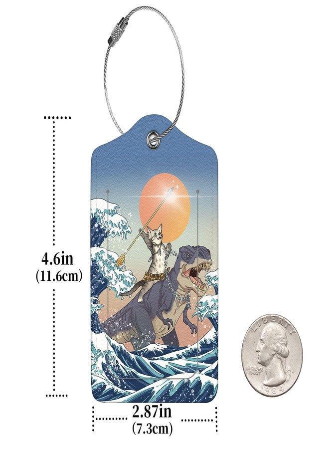 Anikathy 2 Pcs Luggage Tags for Suitcase, Cute Unique PU Leather Travel Bag Tag with Privacy Cover ID Label Address Card and Durable Metal Ring Suitable for Men Women Children Backpack,Cat Riding Dinosaur - Image 2